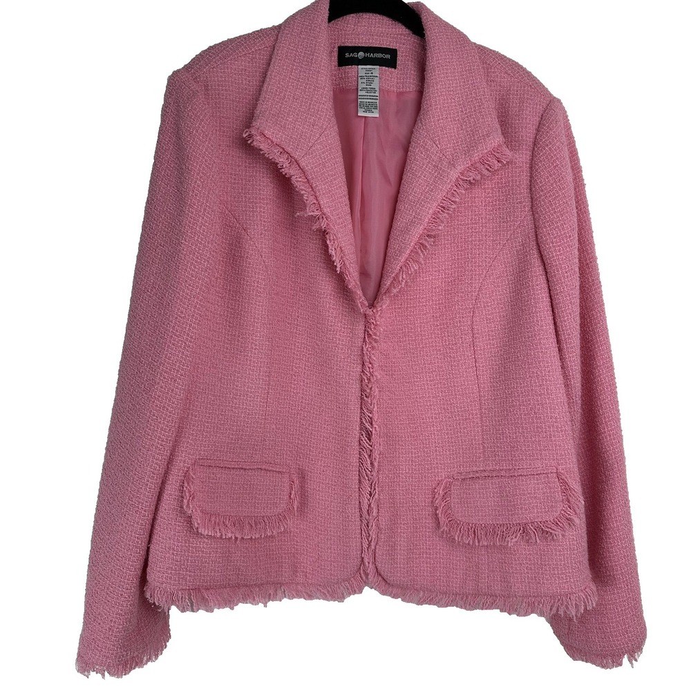 Sag Harbor Tweed‎ Blazer Plus Size 18 Pink Fringe Lady Like Business Casual